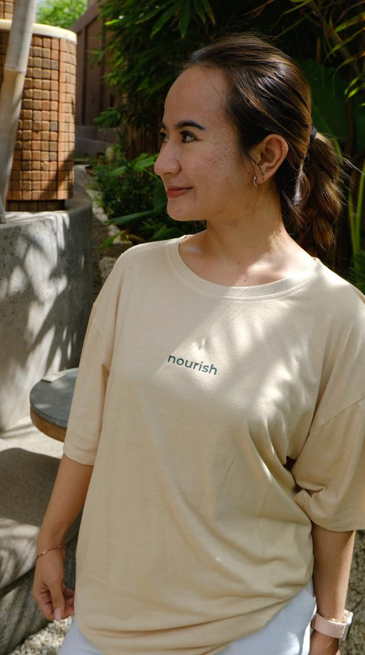 t-shirt bamboo beige, wellness products, natural products, eco friendly products, bali wellness store, alchemy bali